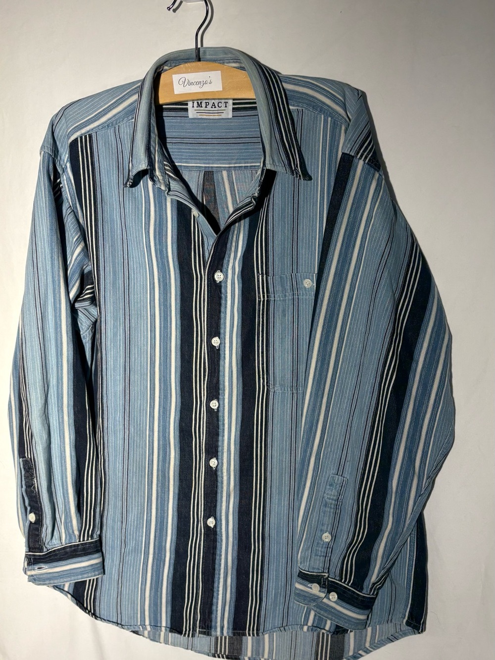 Vintage Impact Blue Striped Button Up Shirt Men’s Large 100% Cotton 90s